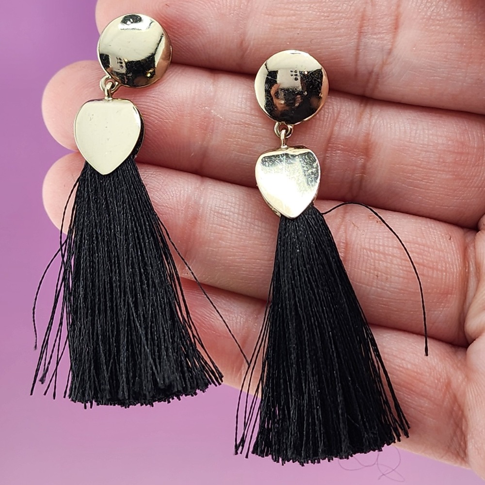 Black Tassel Earrings Gold Tone Shield Dangle Statement Boho Gothic Fashion